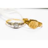An 18ct gold and platinum solitaire diamond ring, approx .10ct, size P, approx 1.9gms; and a 9ct