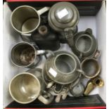 An early pewter lidded tankard; pewter tankards; planished pewter etc (1 box)