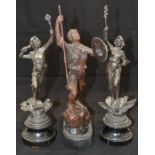 An early 20th Century Boy Scout spelter figure along with a pair of French spelter figures