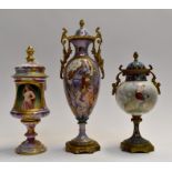 Paris porcelain urn and cover with Art Nouveau gilt decoration on fairy lustre ground together