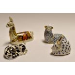 Royal Crown Derby paperweights to include; Llama, Rabbit, Sheep, Ram, Misty Cat, all with gold