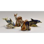 A group of four Royal Crown Derby paperweights including, The Striped Dolphin, Lyme Bay Dolphin (