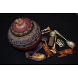 Indian beaded wooden pot, snuff boxes, Chinese Buddhas, pipe and other items
