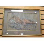 A pastel image of a female nude, reclining, back view, signed. LHS. Fountain