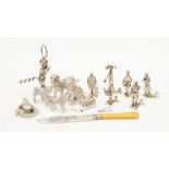 Collection of six silver menu holders, along with plated items including dogs, cats and others