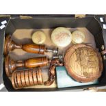 Collection of items including two turned oak candlesticks, teak root corkscrew, onyx boxes, place