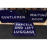 Three British Railways Eastern Region enamel signs 1940s-60s. "Parcels and Left Luggage", "