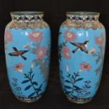 A pair of early Cloisonne blue ground vases