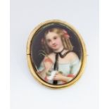 A late Victorian / Edwardian brooch set oval porcelain plaque painted girl in ringlets (in pouch)