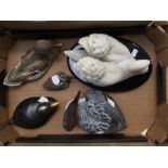 A porcelain swan on plinth, a Spanish mallard, G Martinu, a crested grebe and two other ducks (5)