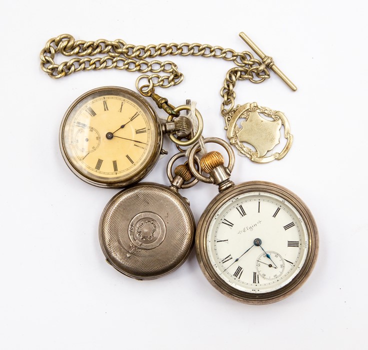 Three pocket watches, to include a white metal open faced  Elgin, white enamel dial, Roman