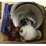 A mixed box of cermics to include two large bowls, lamp base, spode plate,and glass bowl A/F