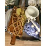 Large blue and white Staffordshire water kettle, along with meat plates, pot and chopping board