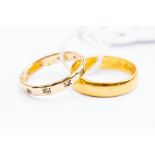 A 22ct gold band, weight approx. 5.1 grams approx; along with a 9ct gold band set with white stones,