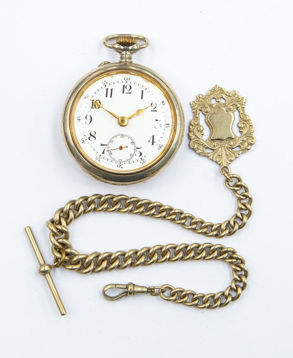 A white metal pocket watch along with a white metal chain along shield medallion