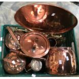 A collection of brass wares including kettles, trays, trivets, tankards etc