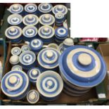 A collection of blue and white Cornish ware including bread bin, lidded pots, kitchen ware etc