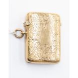 A 9ct gold vesta case, foliate scroll engraved decoration, plain cartouche, size approx 45 mm x 38