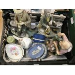 Three Capodimonte style seated figurines together with Wedgwood Jasper Ware and china (1 box)