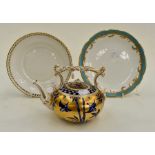 A late 19th Century teapot with gold ground detail and birds in flight plus Minton with blue and