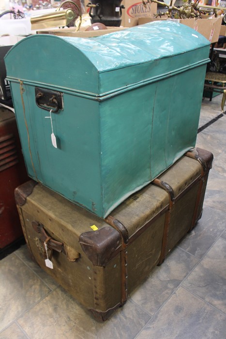 A "marriage" trunk with shelf, early 20th Century along with metal dome trunk