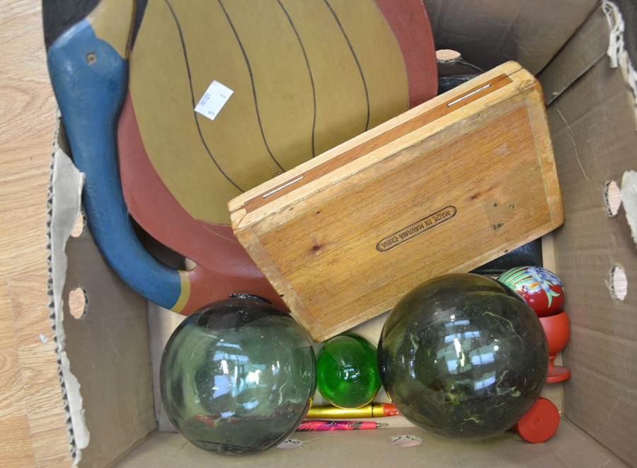 1970's glass balls, paperweights, wooden tray, silver pin case, Cloisonne teapot, painted treen