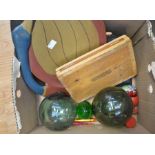 1970's glass balls, paperweights, wooden tray, silver pin case, Cloisonne teapot, painted treen