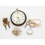 A Victorian silver pocket watch in case, a/f along with a Mizpah ring and filigree silver brooch and