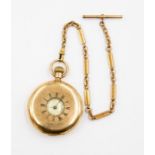 A gold plated half hunter pocket watch, approx 5cm diam, enamel dial, subsidiary dial, numerals,