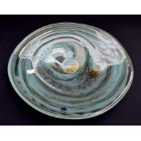 A Svaja art glass flattened bowl centrepiece. Turquoise and black swirls.