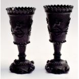 A pair of press/mold trumpet shape vases, black glass, possibly Somerby, mid 19th Century, Pan