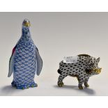 Two Hungarian Herend figures to include; penguin, bear (blue and black)
