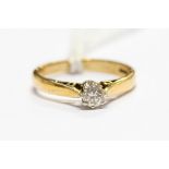 A 9ct solitaire diamond ring, claw set round brilliant of approx 0.15ct, size K1/2, approx 2.1gms