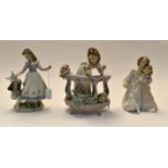 Lladro: "Alice with White Rabbit", mother and daughter and girl on a balcony with bird. 3 items