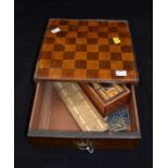 An early 19th Century chess board with campaign handle drawer along with a collection of 19th