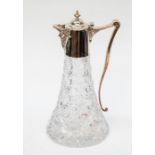 An Elizabeth II hob nail cut glass claret jug with silver collar, handle and cover, the spout with