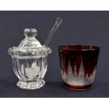 Baccarat glass preserve pot with lid and spoon, Bohemian amber glass with town scene etched