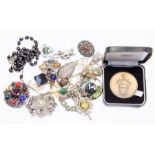 Scottish Miracle ware jewellery, Rosary etc to include brooches and a bronze medallion