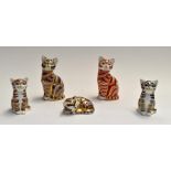 Five Royal Crown Derby paperweights of cats, all silver stoppers