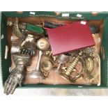 A box of brass items to include candlesticks, goblets etc (one box)