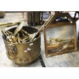 Collection of brass wares including coal scuttle, trivets, mirrors and furnishing pictures