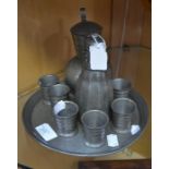 Norwegian pewter decanter set and six tots, plus tray, an Art Deco Norwegian pewter, sugar castor (