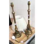 Pair of brass table lamps with rope effect stems, with shades
