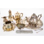 A Victorian teapot, three piece tea set, sugar dredger, sauce boats, tray, teapot stand and hip