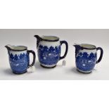 Royal Doulton Burslem Willow Pattern, set of three jugs, various sizes, 19 cms approx largest jug