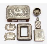 Collection of early 20th Century silver items, box Indian salt frame, bible and plated brandy and