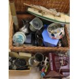 A collection of curios to include dog nut cracker, tea cards, RAF cruet set, toy boat, projector
