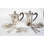 Group of silver plated items including coffee pot, hot water pot, oyster shell shaped dishes and a