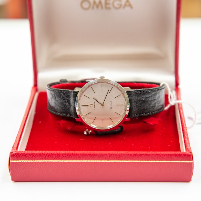 An Omega De Ville gents wristwatch, circa 1970, stainless steel and leather strap, with box and