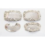 Four silver decanter labels - 'Gin'; 'Port'; 'Damson Gin' and 'Brandy', total 1.59 ozt approx (4)